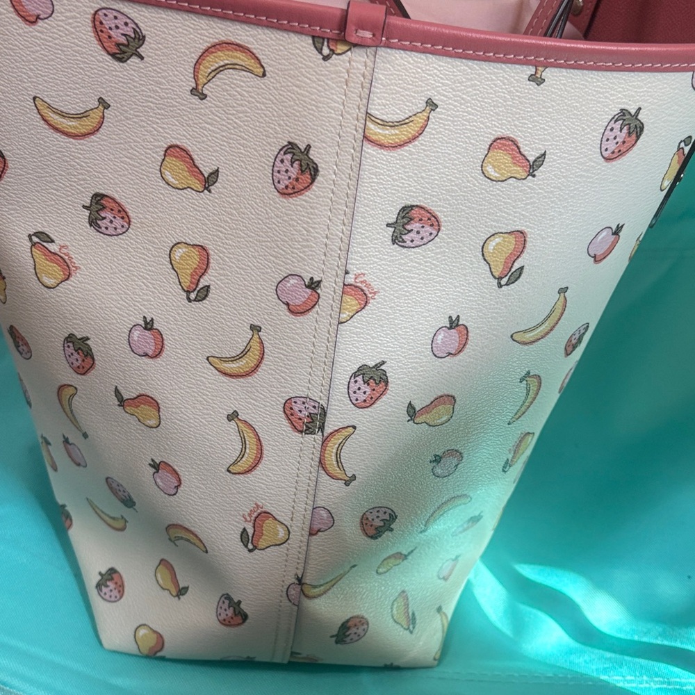 Coach Reversible City Peony Pink Trim White Fruit-Print Leather Tote - Picture 4 of 8